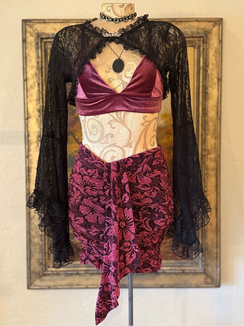 For Love & Lemons Shailee Metallic Ruched Mini Skirt in Burgundy